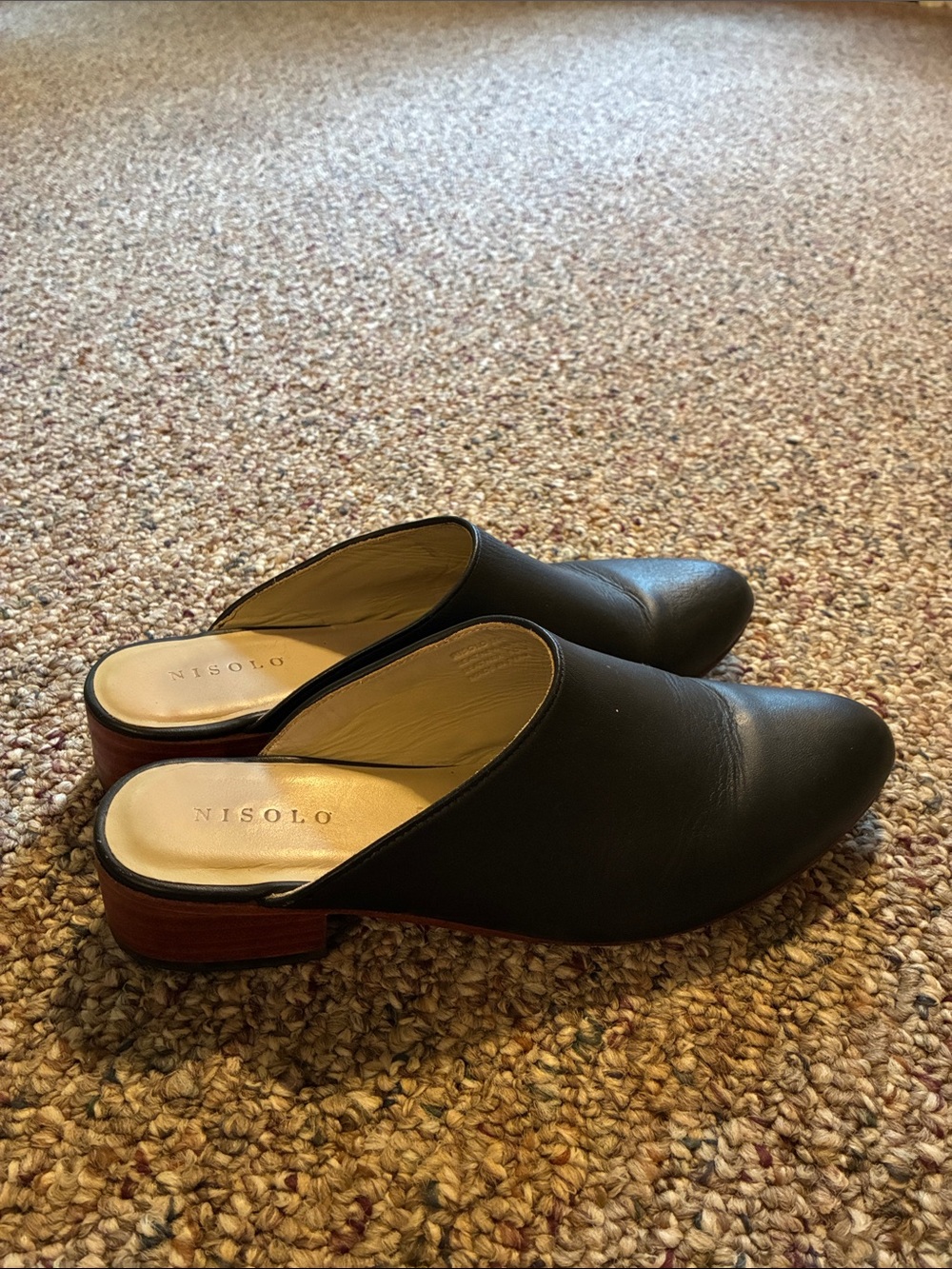 Nisolo Black Leather Backless Slide Mules with Brown Stacked Heel